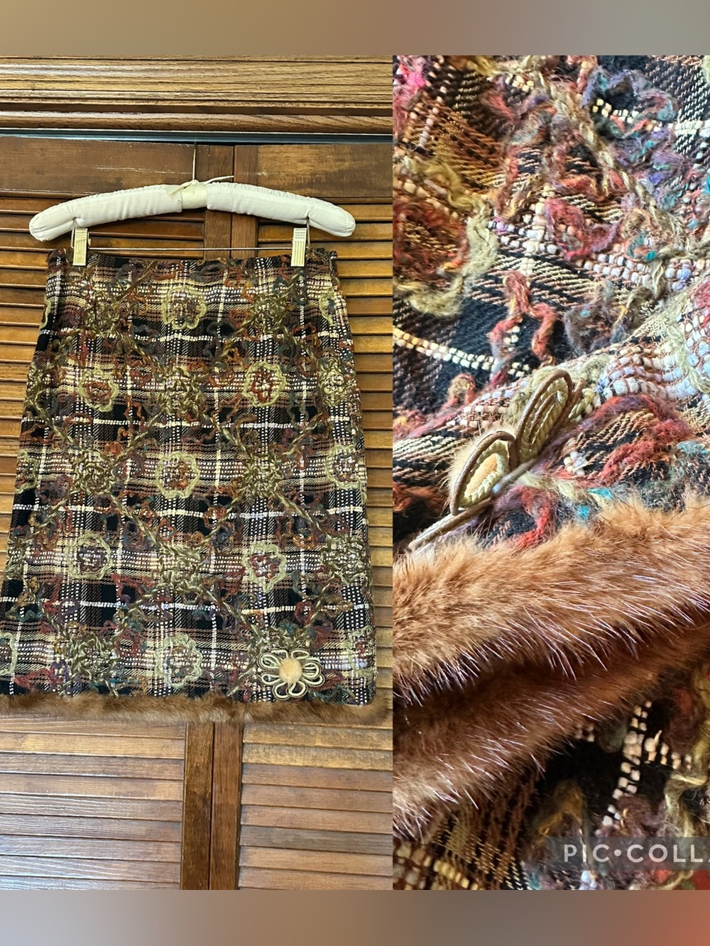 Sara Jane y2k Brown Multi Color Plaid Textured Pencil Skirt with Fur Trim size 8